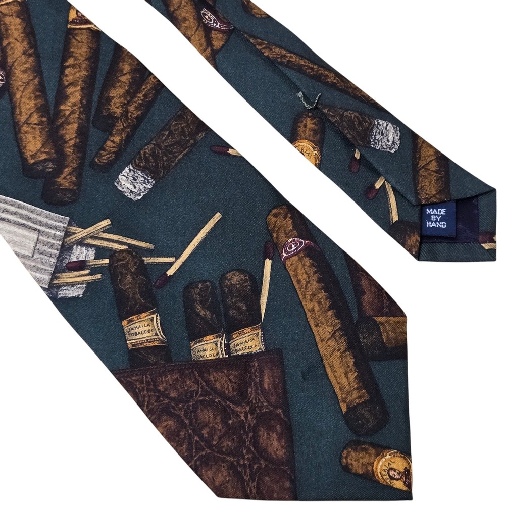 Polo Ralph Lauren Tie Silk Hand Made Mens 4" Green Silk Cigar Novelty Study Den
